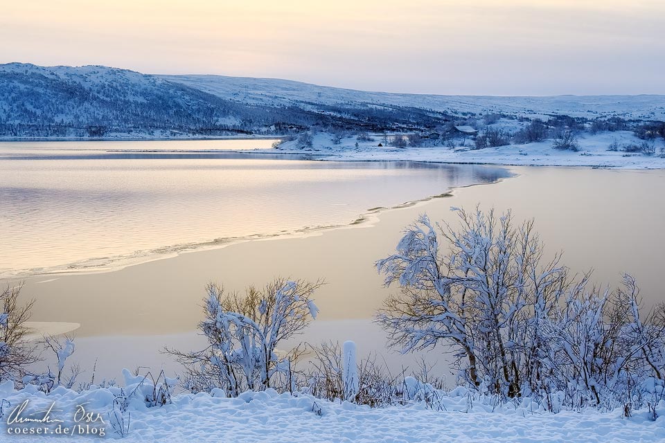 Blick aus der Bergensbanen auf eine Winterlandschaft mit Sonnenuntergang in Norwegen