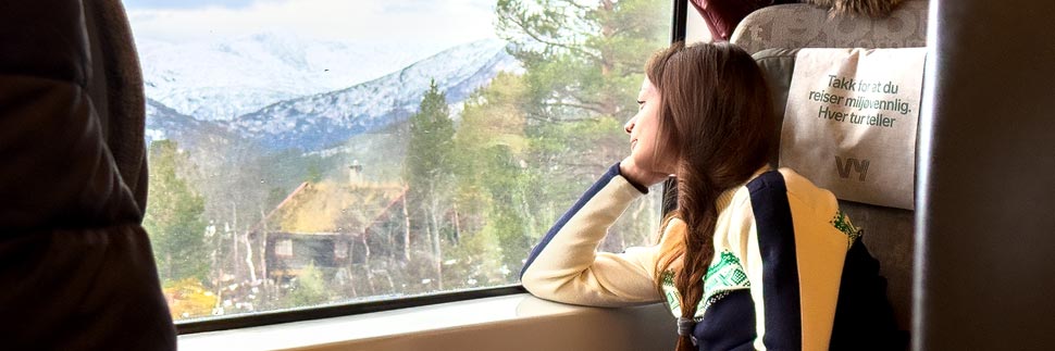Junge Frau blickt aus dem Fenster der Bergensbanen auf die norwegische Landschaft