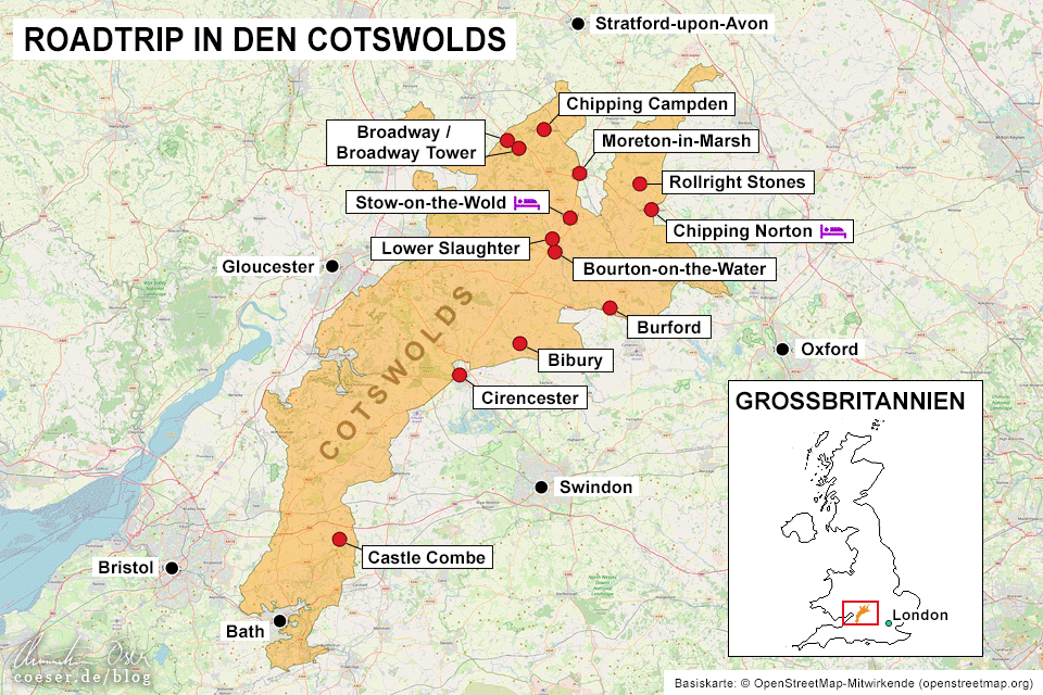 Landkarte und Route eines Roadtrips durch die Cotswolds