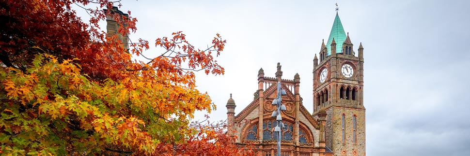 Blätter in Herbstfarben vor der Guild Hall in Derry/Londonderry, Nordirland