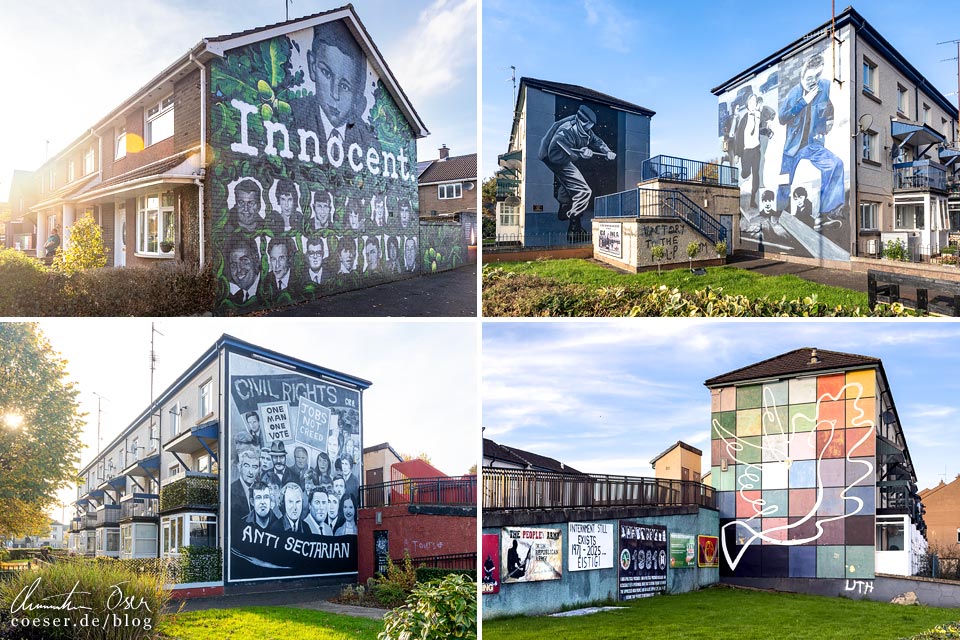 Murals "Innocent", "Operation Motorman", "The Runner", "The Civil Rights Mural" und "The Peace Mural" im Viertel Bogside in Derry/Londonderry, Nordirland