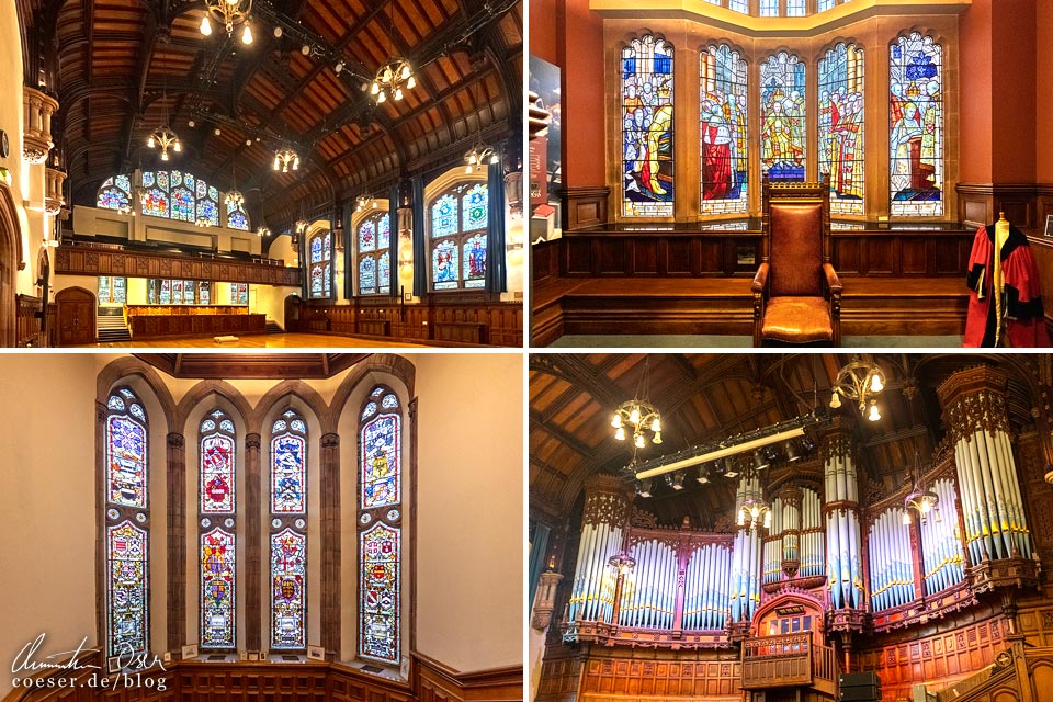 Innenansicht der Guild Hall mit Orgel, Festsaal (Main Hall) und Buntglasfenstern in Derry/Londonderry, Nordirland