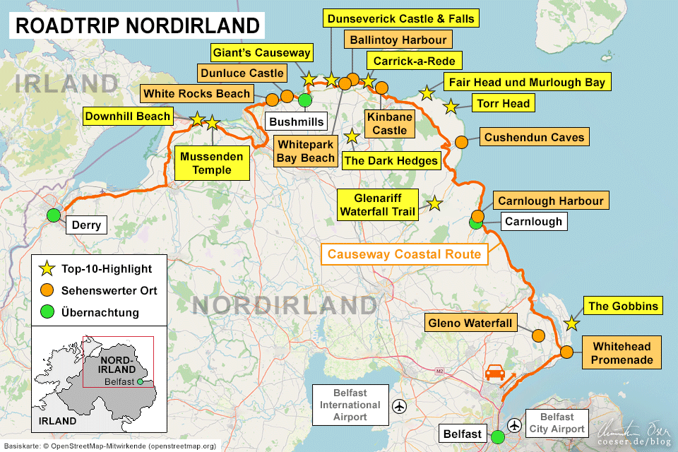 Karte eines Roadtrips auf der Causeway Coastal Route in Nordirland