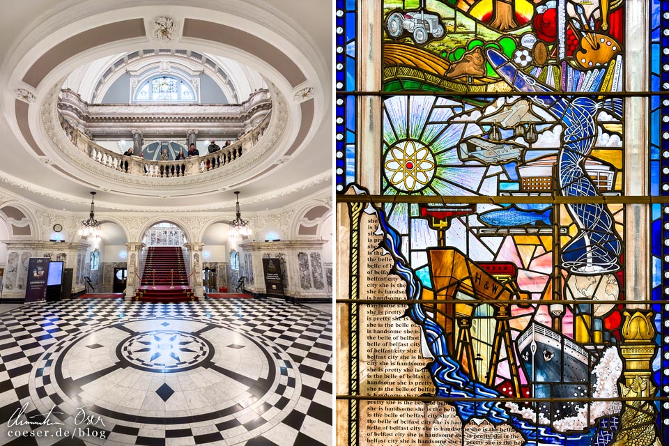Empfangshalle und Buntglasfenster in der City Hall in Belfast