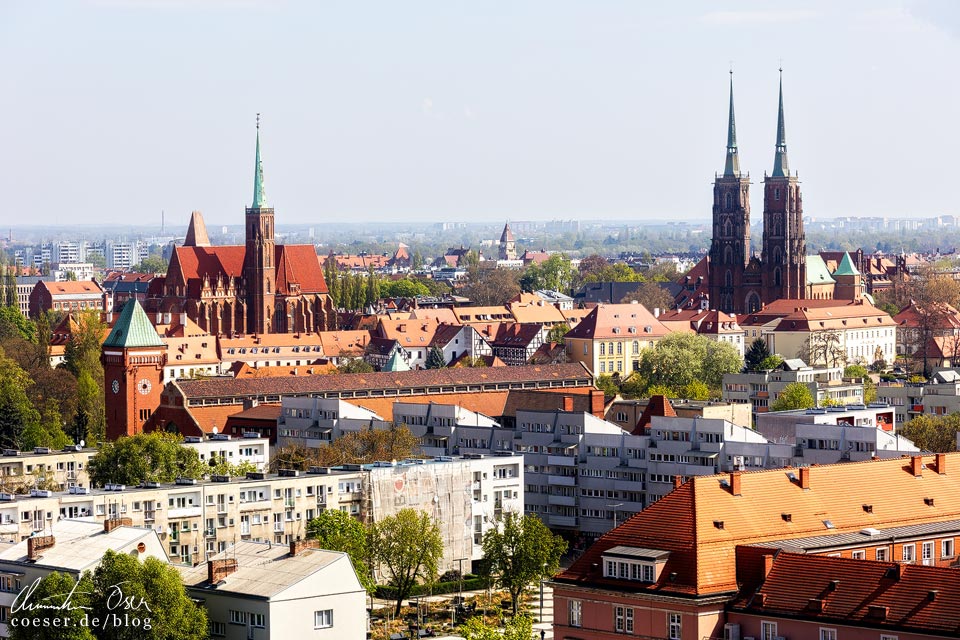Aussicht und Panorama von der Bußbrücke in Wrocław/Breslau, Polen