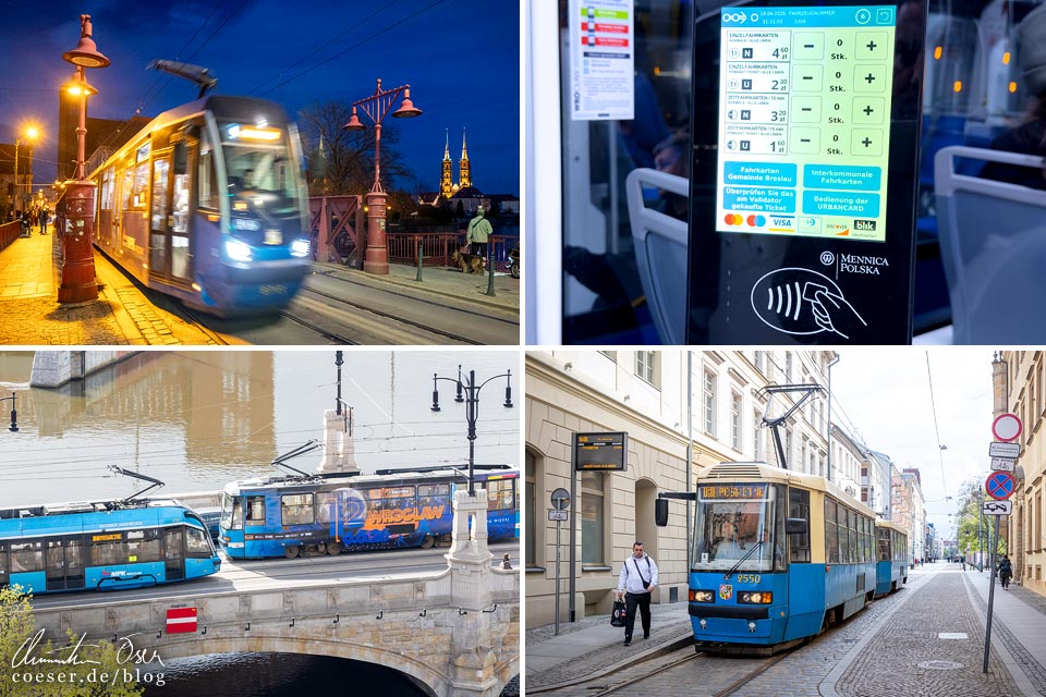 Blaue Straßenbahnen (Öffentliche Verkehrsmittel) in Wrocław (Breslau), Polen
