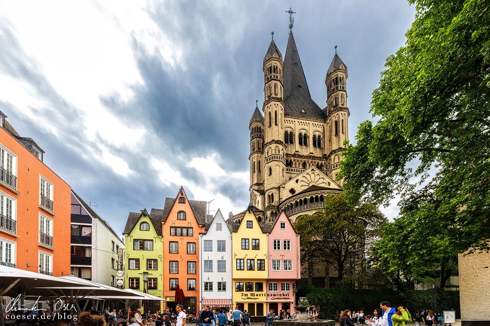 Bunte Giebelhäuser und die Kirche Groß St. Martin am Fischmarkt in Köln