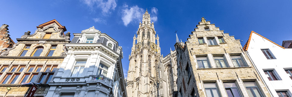 Zunfthäuser und der Turm der Liebfrauenkathedrale in Antwerpen