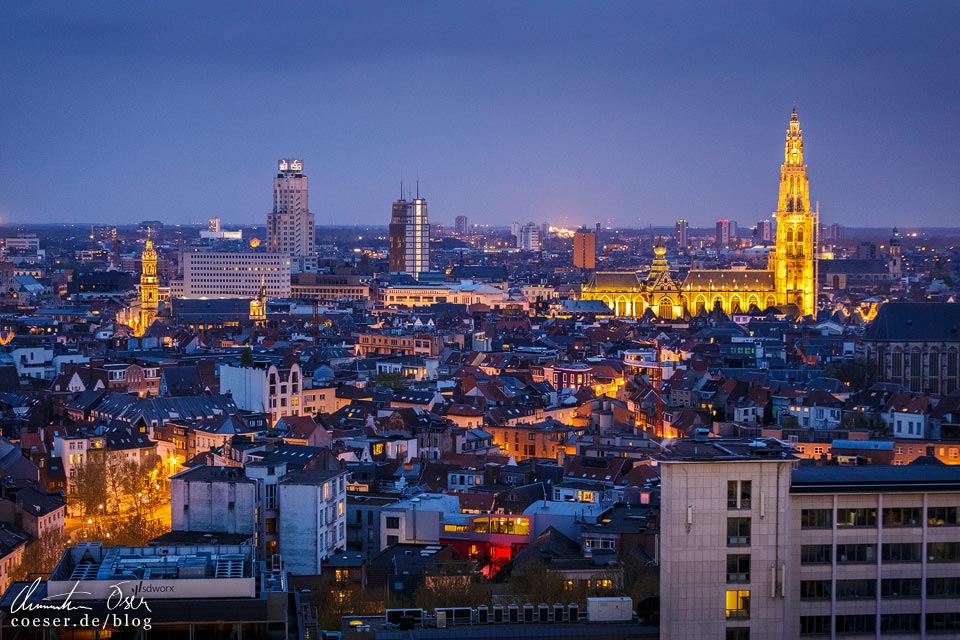Aussicht in der blauen Stunde vom MAS (Museum aan de Stroom) auf die Liebfrauenkathedrale in Antwerpen