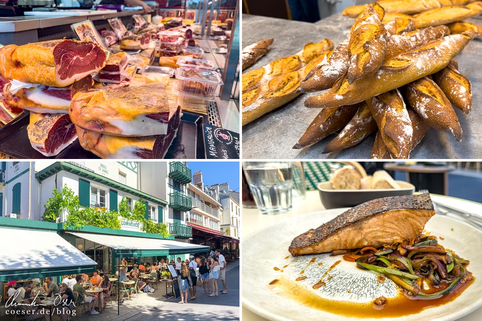 Delikatessen in der Markthalle Les Halles in Biarritz, Lachsfilet im Café du Commerce