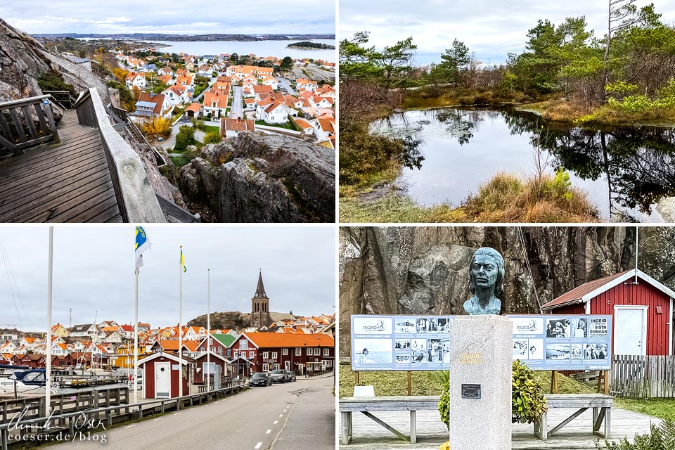 Ausblick vom Hausberg Vetteberget auf den Ort Fjällbacka in der schwedischen Provinz Bohuslän, Gedenktafel für Ingrid Bergman