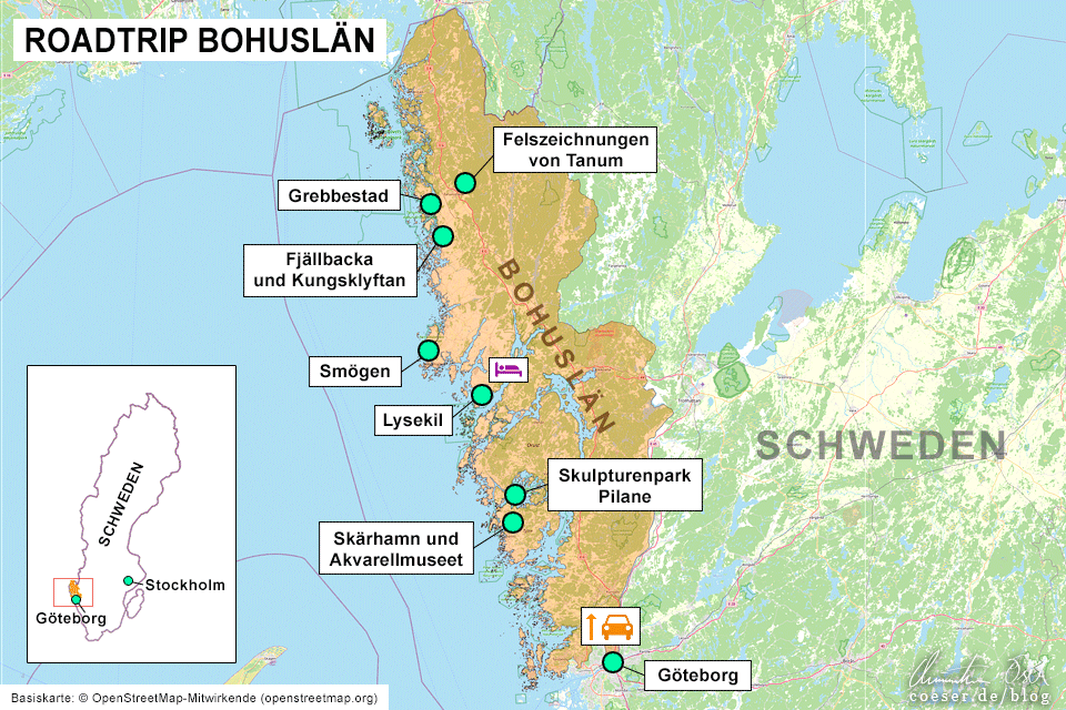Karte eines Roadtrips durch die schwedische Provinz Bohuslän