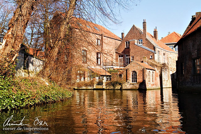 In der Nachmittagssonne sehen die Kanäle und Gebäude noch malerischer aus in Brügge, Belgien.