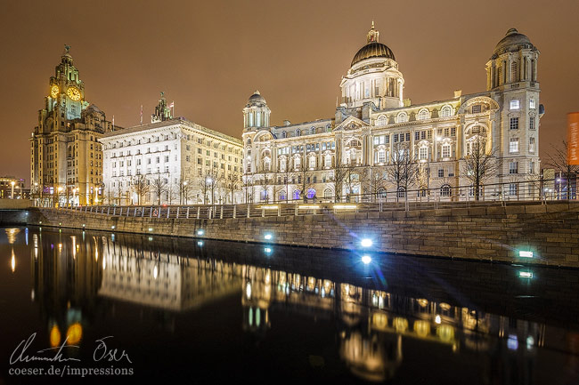 Die 'drei Grazien' Royal Liver Building, Cunard Building und Port of Liverpool Building in Liverpool, UK.