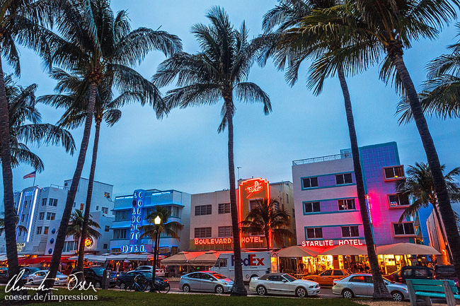Ansicht der Art-Deco-Hotels Colony, Boulevard und Starlite in Miami, USA.