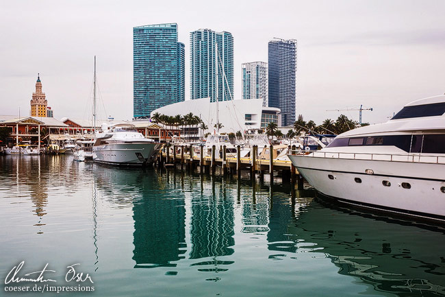 Blick auf die Bayside Marina, den Freedom Tower und einige Wolkenkratzer in Miami, USA.