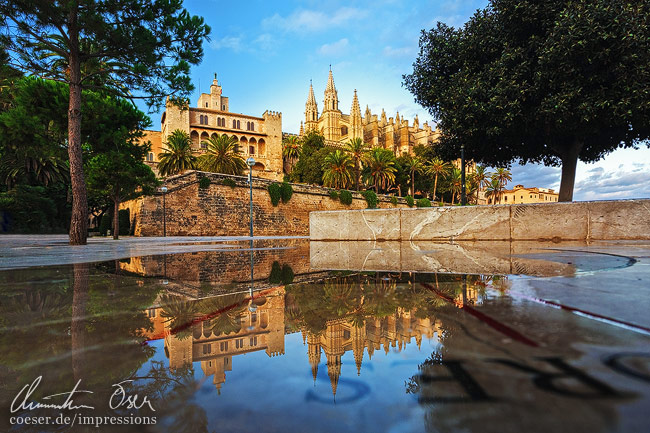 Die Kathedrale der Heiligen Maria (La Seu) spiegelt sich in einer Lacke/Pfütze in Palma de Mallorca, Spanien.