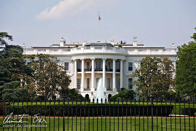 Außenansicht des Weißen Hauses, Arbeitsplatz des Präsidenten der Vereinigten Staaten von Amerika in Washington, USA.