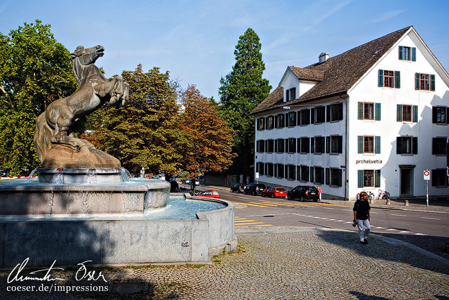 Der Manessebrunnen am Hirschgraben in Zürich, Schweiz.