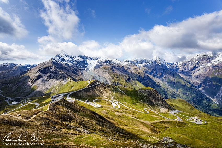 Blick von der Edelweißspitze auf die Grossglockner Hochalpenstrasse, Österreich.