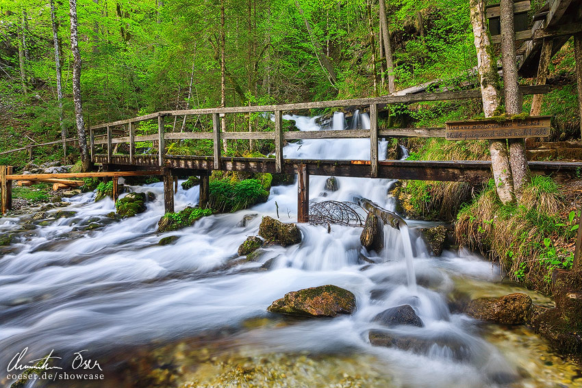Wanderweg über einen Wasserfall in der Erlebniswelt Mendlingtal.
